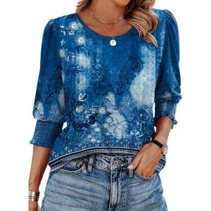imageXIEERDUO Blouses for Women Dressy Casual 34 Length Sleeve Womens Tops with Smocked CuffsRnavy Print
