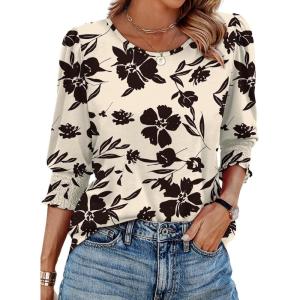 imageXIEERDUO Blouses for Women Dressy Casual 34 Length Sleeve Womens Tops with Smocked CuffsVbeige Black Floral