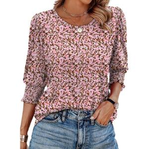 imageXIEERDUO Blouses for Women Dressy Casual 34 Length Sleeve Womens Tops with Smocked CuffsVdark Pink Floral
