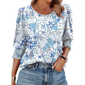 imageXIEERDUO Blouses for Women Dressy Casual 34 Length Sleeve Womens Tops with Smocked CuffsVlight Blue Floral