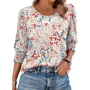 imageXIEERDUO Blouses for Women Dressy Casual 34 Length Sleeve Womens Tops with Smocked CuffsVlight Pink Floral