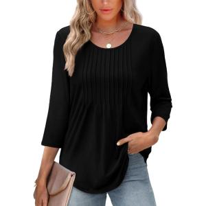 imageXIEERDUO 34 Length Sleeve Tops for Women 2026 Crewneck Casual Pleated Tunic Tops Loose Fit Shirts BlousesAblack