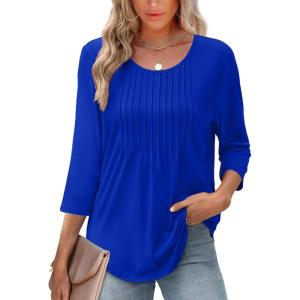 imageXIEERDUO 34 Length Sleeve Tops for Women 2026 Crewneck Casual Pleated Tunic Tops Loose Fit Shirts BlousesAblue