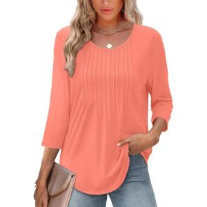 imageXIEERDUO 34 Length Sleeve Tops for Women 2026 Crewneck Casual Pleated Tunic Tops Loose Fit Shirts BlousesAcoral