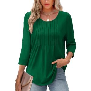 imageXIEERDUO 34 Length Sleeve Tops for Women 2026 Crewneck Casual Pleated Tunic Tops Loose Fit Shirts BlousesAgreen