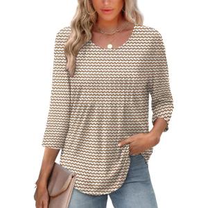 imageXIEERDUO 34 Length Sleeve Tops for Women 2026 Crewneck Casual Pleated Tunic Tops Loose Fit Shirts BlousesFbrown Stripe
