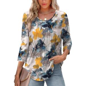 imageXIEERDUO 34 Length Sleeve Tops for Women 2026 Crewneck Casual Pleated Tunic Tops Loose Fit Shirts BlousesFink Floral