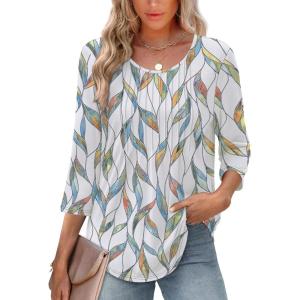 imageXIEERDUO 34 Length Sleeve Tops for Women 2026 Crewneck Casual Pleated Tunic Tops Loose Fit Shirts BlousesFleaf