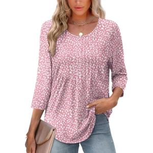 imageXIEERDUO 34 Length Sleeve Tops for Women 2026 Crewneck Casual Pleated Tunic Tops Loose Fit Shirts BlousesFpink Leopard
