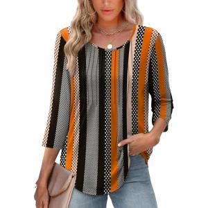 imageXIEERDUO 34 Length Sleeve Tops for Women 2026 Crewneck Casual Pleated Tunic Tops Loose Fit Shirts BlousesFstriped Dots