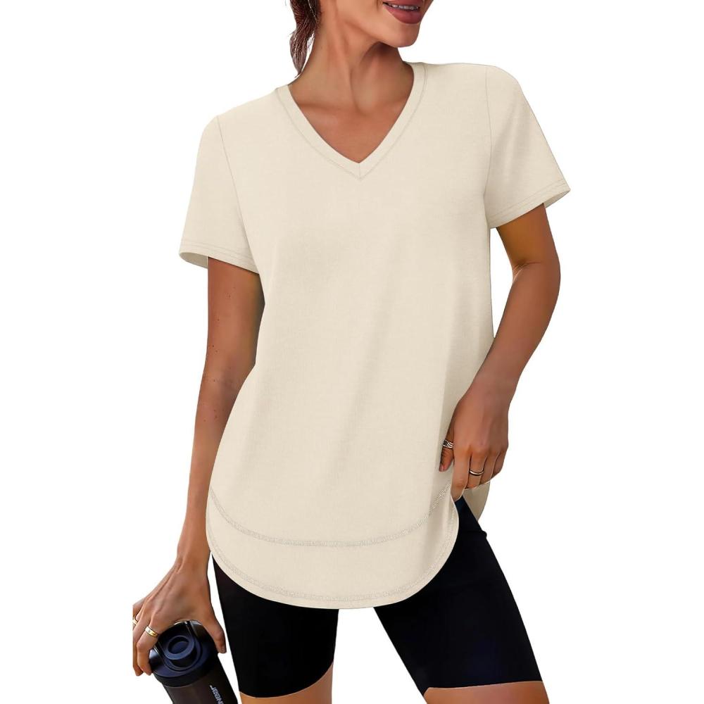 imageWomens Workout Tops Short Sleeve Shirts with Sun Protection UPF 50 Quick Dry Outfits for Hiking Running V Neck S3XL03 Apricot Cream White