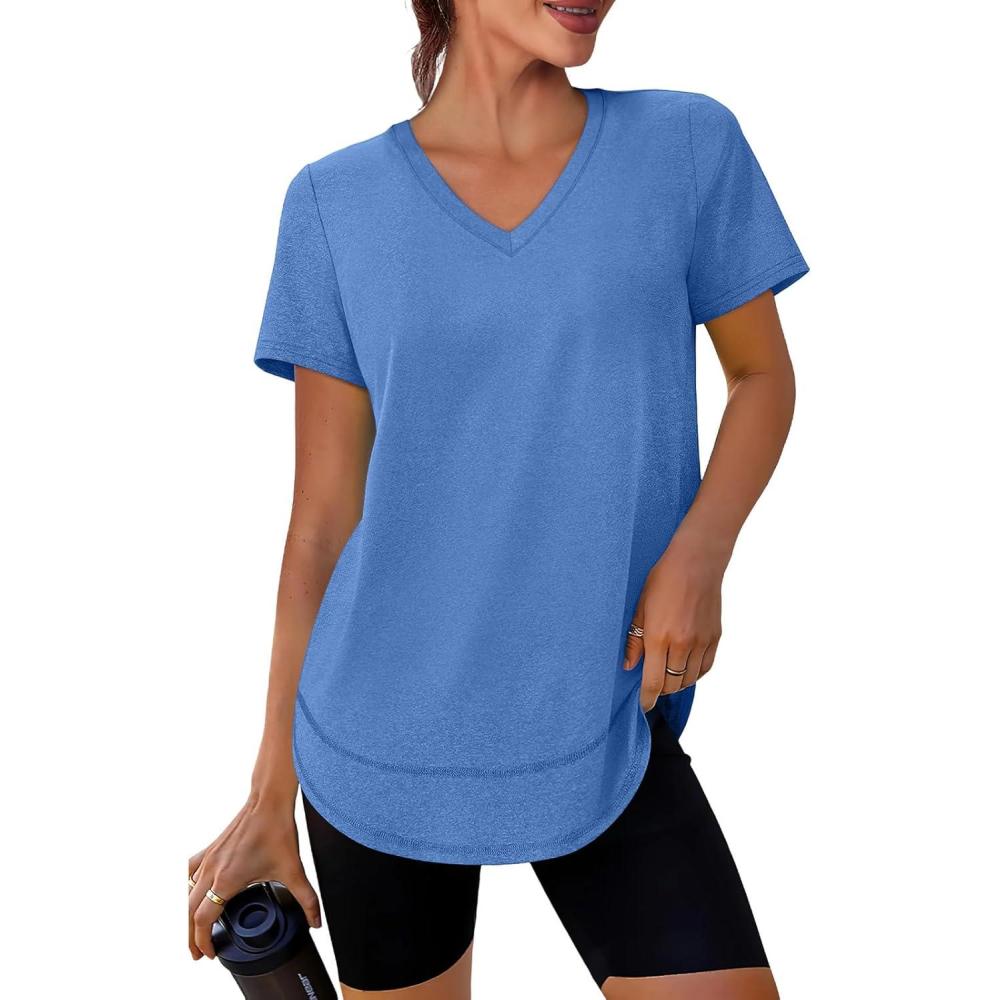 imageWomens Workout Tops Short Sleeve Shirts with Sun Protection UPF 50 Quick Dry Outfits for Hiking Running V Neck S3XL04 Blue