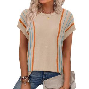 imageXIEERDUO Short Sleeve Sweater for Women Summer Lightweight Boho Tops Clothes Beach Vacation Outfits 2026Boho Beige