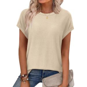 imageXIEERDUO Short Sleeve Sweater for Women Summer Lightweight Boho Tops Clothes Beach Vacation Outfits 2026Solid Beige