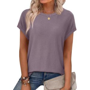 imageXIEERDUO Short Sleeve Sweater for Women Summer Lightweight Boho Tops Clothes Beach Vacation Outfits 2026Solid Purple