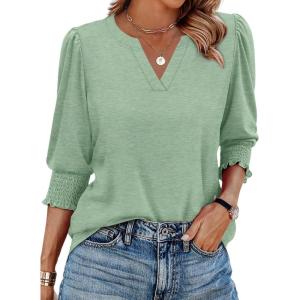 imageXIEERDUO Blouses for Women Dressy Casual 34 Length Sleeve Womens Tops V Neck T Shirts with Smocked CuffsCpea Green