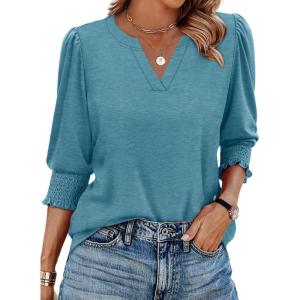 imageXIEERDUO Blouses for Women Dressy Casual 34 Length Sleeve Womens Tops V Neck T Shirts with Smocked CuffsDblue Green