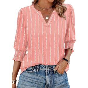 imageXIEERDUO Blouses for Women Dressy Casual 34 Length Sleeve Womens Tops V Neck T Shirts with Smocked CuffsEpink Stripes