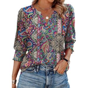 imageXIEERDUO Blouses for Women Dressy Casual 34 Length Sleeve Womens Tops V Neck T Shirts with Smocked CuffsIblue Red Pattern