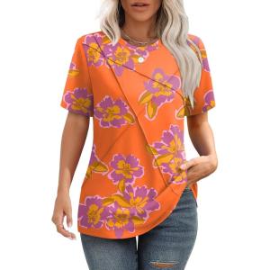 imageSummer Tops for Women 2025 Cute Green Blouses Dressy Casual Pleated Short Sleeve Shirts Trendy SZ Orange Floral