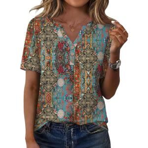 imageXIEERDUO Womens Summer Tops Short Sleeve Henley Shirts Casual V Neck T Shirts Business Work Blouses Dressy 2026Boho Print