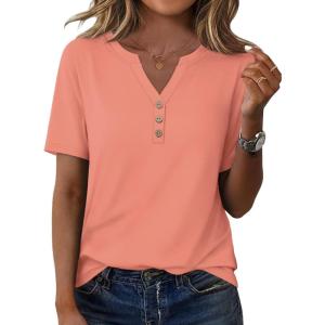 imageXIEERDUO Womens Summer Tops Short Sleeve Henley Shirts Casual V Neck T Shirts Business Work Blouses Dressy 2026Coral