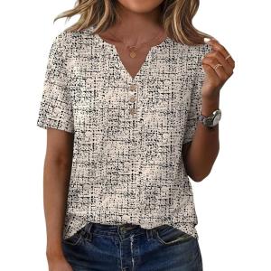 imageXIEERDUO Womens Summer Tops Short Sleeve Henley Shirts Casual V Neck T Shirts Business Work Blouses Dressy 2026Patternedapricot Print