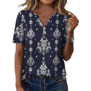 imageXIEERDUO Womens Summer Tops Short Sleeve Henley Shirts Casual V Neck T Shirts Business Work Blouses Dressy 2026Patternedblue Boho Print