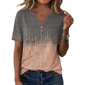 imageXIEERDUO Womens Summer Tops Short Sleeve Henley Shirts Casual V Neck T Shirts Business Work Blouses Dressy 2026Patterneddye Greycoral