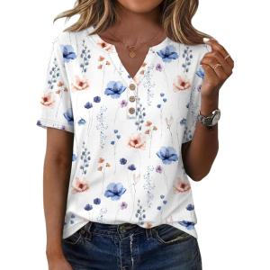 imageXIEERDUO Womens Summer Tops Short Sleeve Henley Shirts Casual V Neck T Shirts Business Work Blouses Dressy 2026Patternedwhite Floral