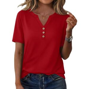 imageXIEERDUO Womens Summer Tops Short Sleeve Henley Shirts Casual V Neck T Shirts Business Work Blouses Dressy 2026Red