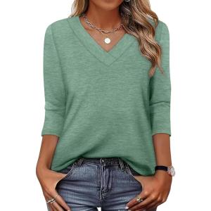 image:imageXIEERDUO 34 Length Sleeve Womens Tops V Neck Fall Clothes Basic Blouses Dressy Casual 2025 Early Fall Fashion Must HavesBlue Green