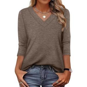 image:imageXIEERDUO 34 Length Sleeve Womens Tops V Neck Fall Clothes Basic Blouses Dressy Casual 2025 Early Fall Fashion Must HavesCoffee