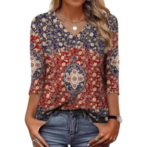 image:imageXIEERDUO 34 Length Sleeve Womens Tops V Neck Fall Clothes Basic Blouses Dressy Casual 2025 Early Fall Fashion Must HavesPatternedboho Floral