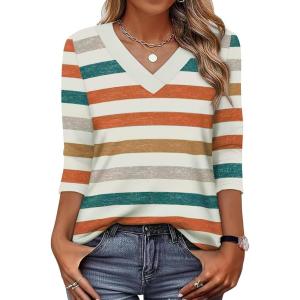 image:imageXIEERDUO 34 Length Sleeve Womens Tops V Neck Fall Clothes Basic Blouses Dressy Casual 2025 Early Fall Fashion Must HavesPatternedmulticolor Stripe