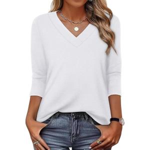 image:imageXIEERDUO 34 Length Sleeve Womens Tops V Neck Fall Clothes Basic Blouses Dressy Casual 2025 Early Fall Fashion Must HavesWhite