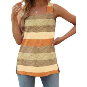 image:imageXIEERDUO Summer Tank Tops for Women Square Neck Loose Fit Casual Fashion Flowy SleevelessBrown Stripes