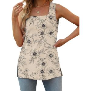 image:imageXIEERDUO Summer Tank Tops for Women Square Neck Loose Fit Casual Fashion Flowy SleevelessKhaki Print