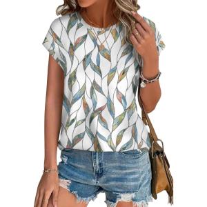 image:imageXIEERDUO Womens Tops Short Sleeve Shirts Blouses for Women Dressy Casual Cap Sleeve Tops with Curved HemCcolorful Leaf