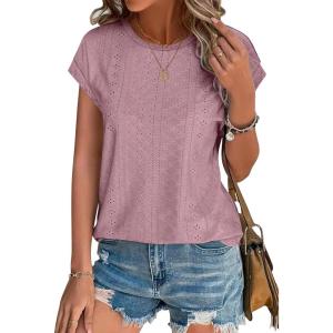 image:imageXIEERDUO Womens Tops Short Sleeve Shirts Blouses for Women Dressy Casual Cap Sleeve Tops with Curved HemDpink