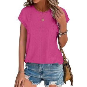 image:imageXIEERDUO Womens Tops Short Sleeve Shirts Blouses for Women Dressy Casual Cap Sleeve Tops with Curved HemFhot Pink