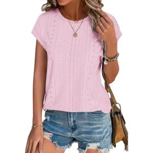 image:imageXIEERDUO Womens Tops Short Sleeve Shirts Blouses for Women Dressy Casual Cap Sleeve Tops with Curved HemIlight Pink