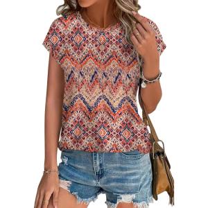 image:imageXIEERDUO Womens Tops Short Sleeve Shirts Blouses for Women Dressy Casual Cap Sleeve Tops with Curved HemJboho Print