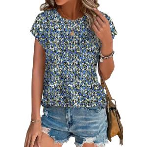 image:imageXIEERDUO Womens Tops Short Sleeve Shirts Blouses for Women Dressy Casual Cap Sleeve Tops with Curved HemKblue Floral