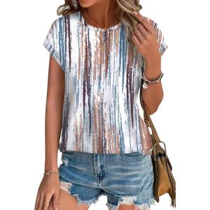 image:imageXIEERDUO Womens Tops Short Sleeve Shirts Blouses for Women Dressy Casual Cap Sleeve Tops with Curved HemLtie Dye