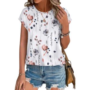 image:imageXIEERDUO Womens Tops Short Sleeve Shirts Blouses for Women Dressy Casual Cap Sleeve Tops with Curved HemNwhite Flower