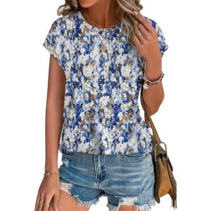 image:imageXIEERDUO Womens Tops Short Sleeve Shirts Blouses for Women Dressy Casual Cap Sleeve Tops with Curved HemOblue Yellow Print
