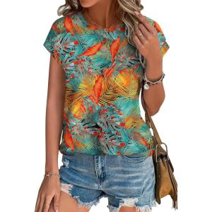 image:imageXIEERDUO Womens Tops Short Sleeve Shirts Blouses for Women Dressy Casual Cap Sleeve Tops with Curved HemQtropical Leaves