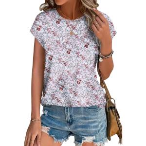 image:imageXIEERDUO Womens Tops Short Sleeve Shirts Blouses for Women Dressy Casual Cap Sleeve Tops with Curved HemSpink Blue Floral