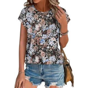 image:imageXIEERDUO Womens Tops Short Sleeve Shirts Blouses for Women Dressy Casual Cap Sleeve Tops with Curved HemTblack Floral